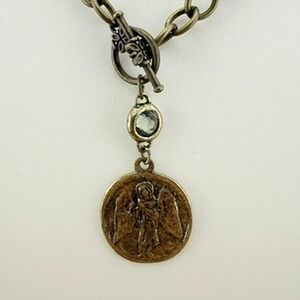 D Louise Necklace Angel Medallion Cross Crystal Bronze Chain Boho